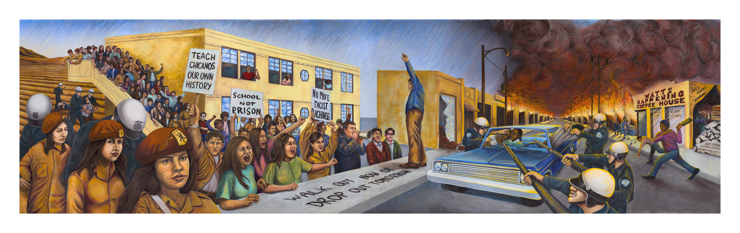 “East L.A. Student Walkouts” and “Watts Rebellion,” detail from the 1960s section of the Great Wall of Los Angeles mural - Giclée Print