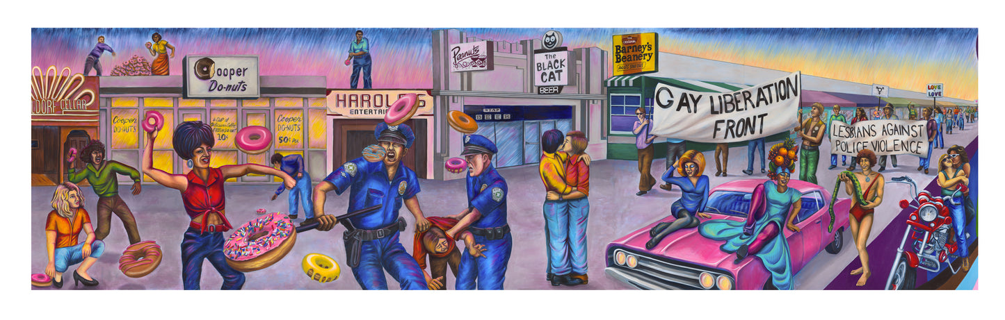 “Donut Riot,” “Black Cat Raid,” and “First LGBT Pride Parade,” detail from the 1960s section of the Great Wall of Los Angeles mural - Giclée Print