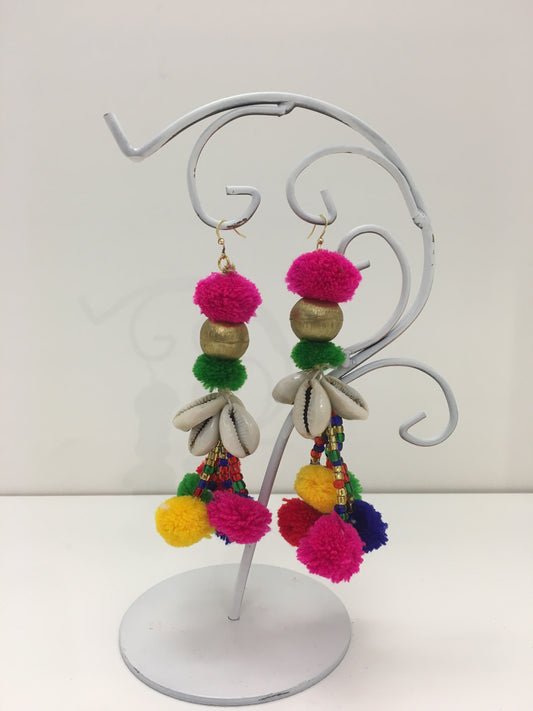 Multicolor Pom Pom and Shells Earrings - Tanya Melendez