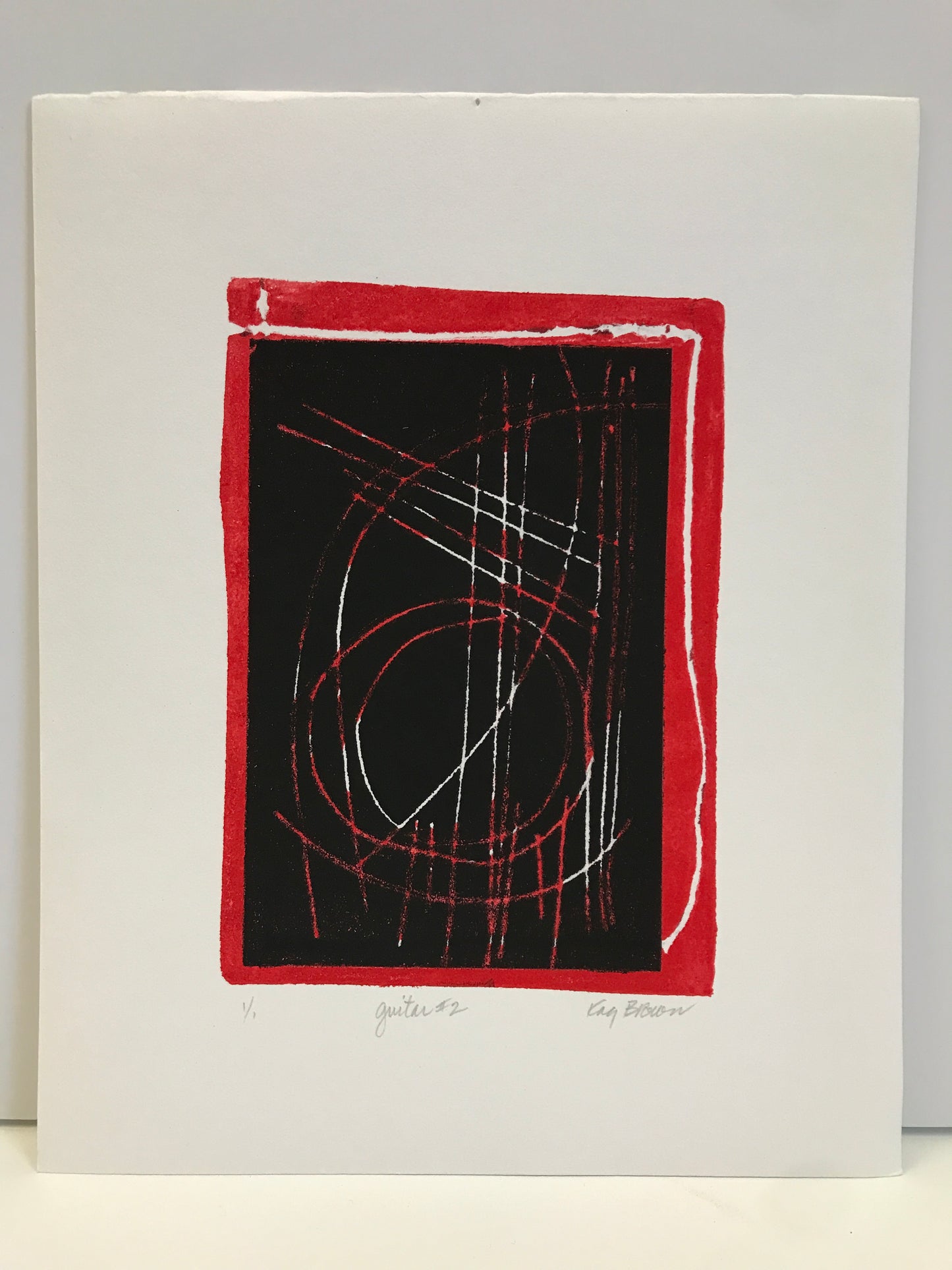Guitar, Hand-colored Linocut - Kay Brown