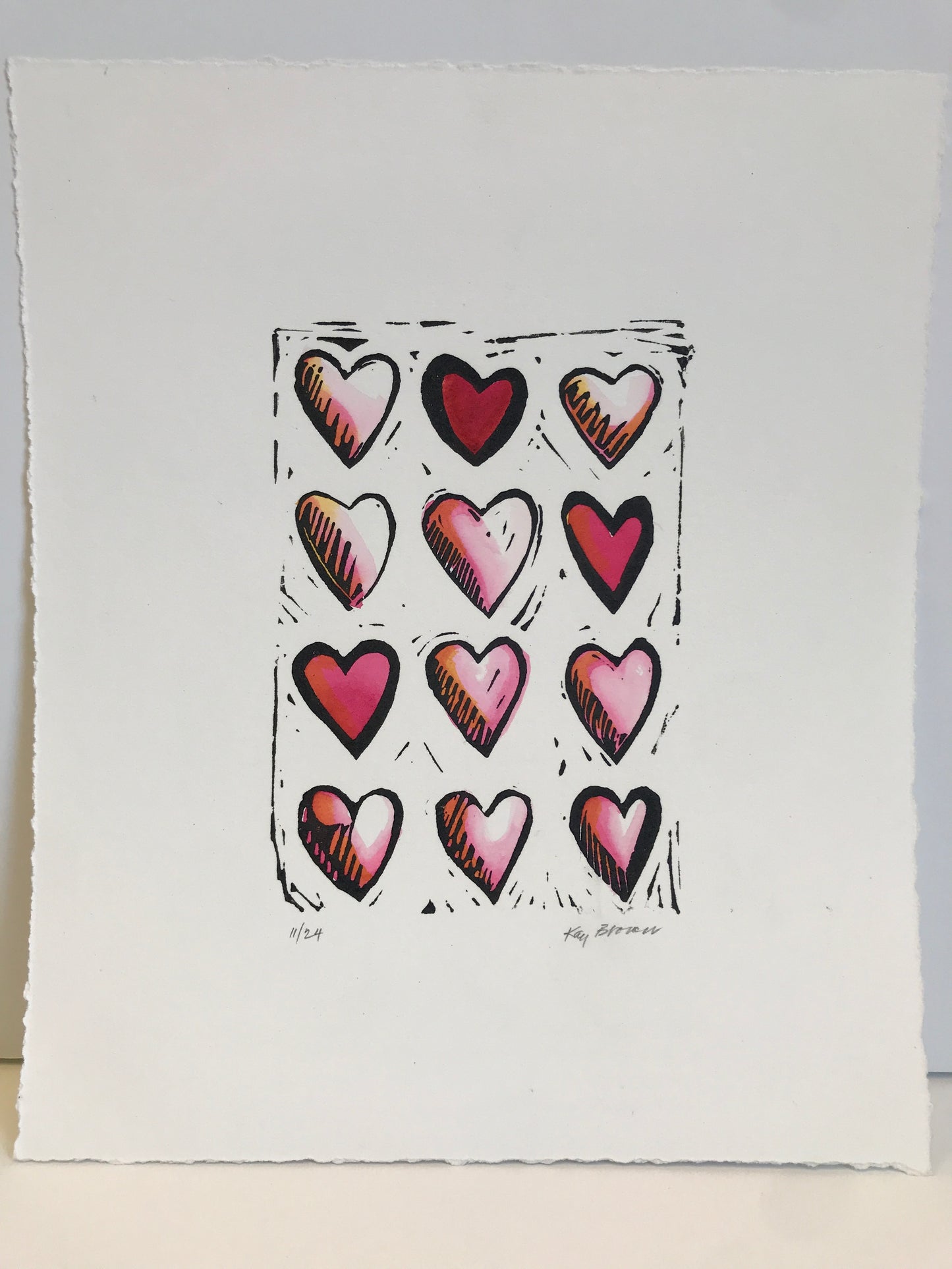 Hearts, Hand-colored Linocut - Kay Brown