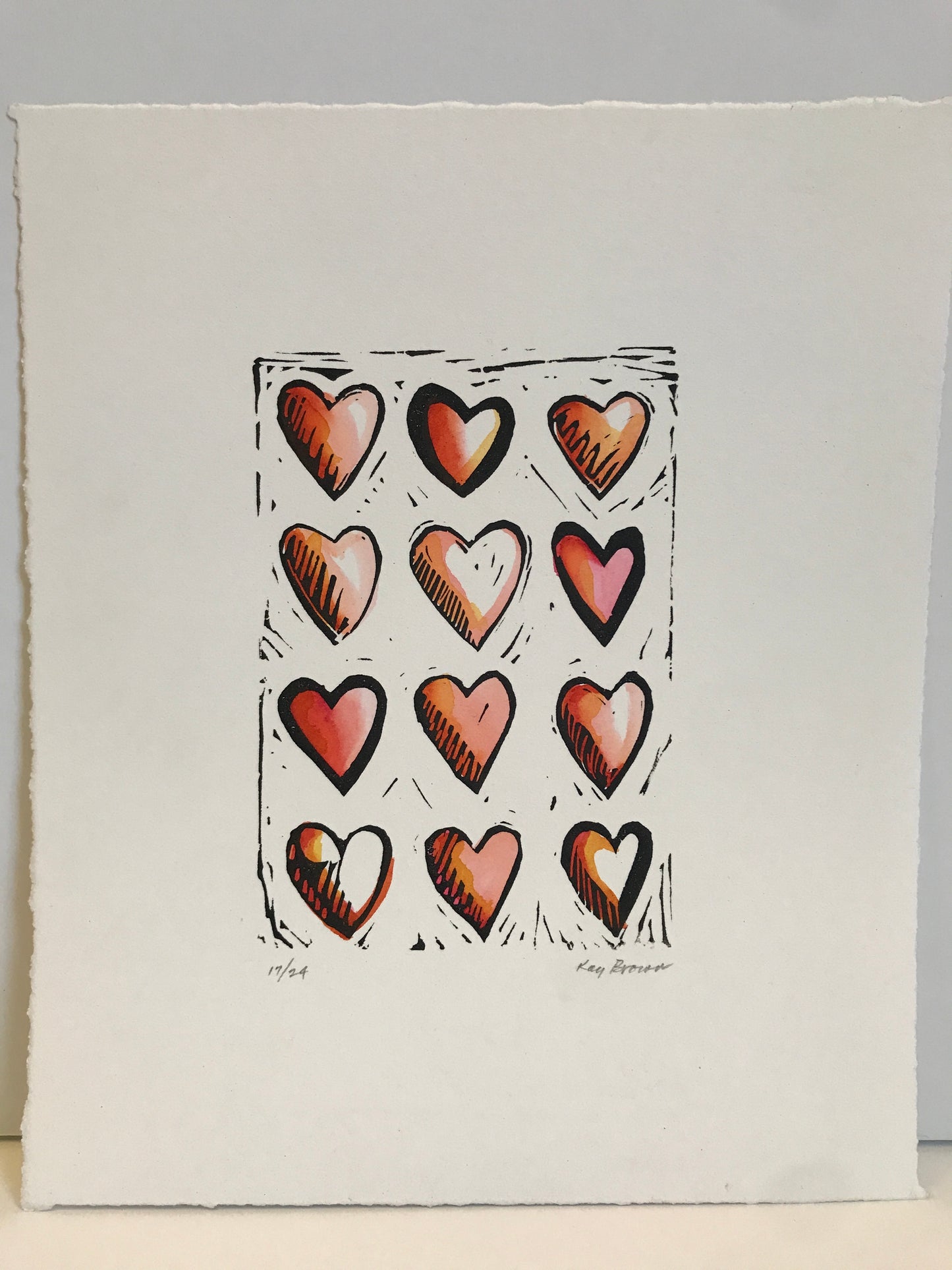 Hearts, Hand-colored Linocut - Kay Brown