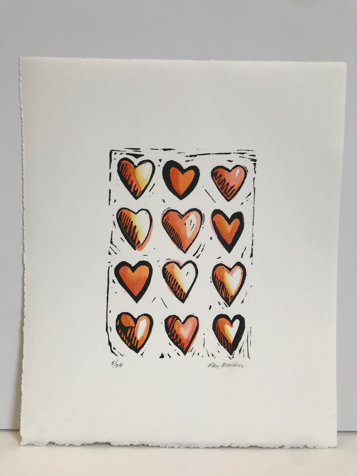 Hearts, Hand-colored Linocut - Kay Brown