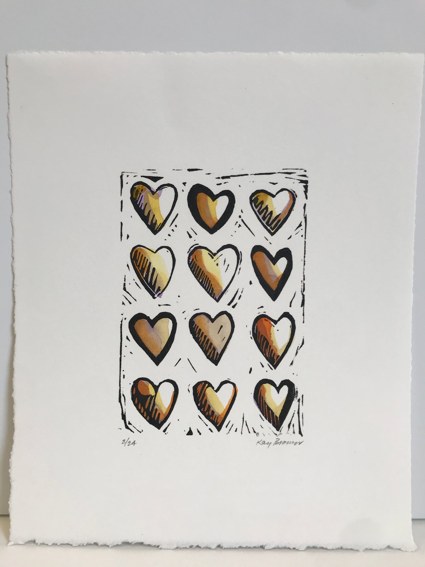 Hearts, Hand-colored Linocut - Kay Brown