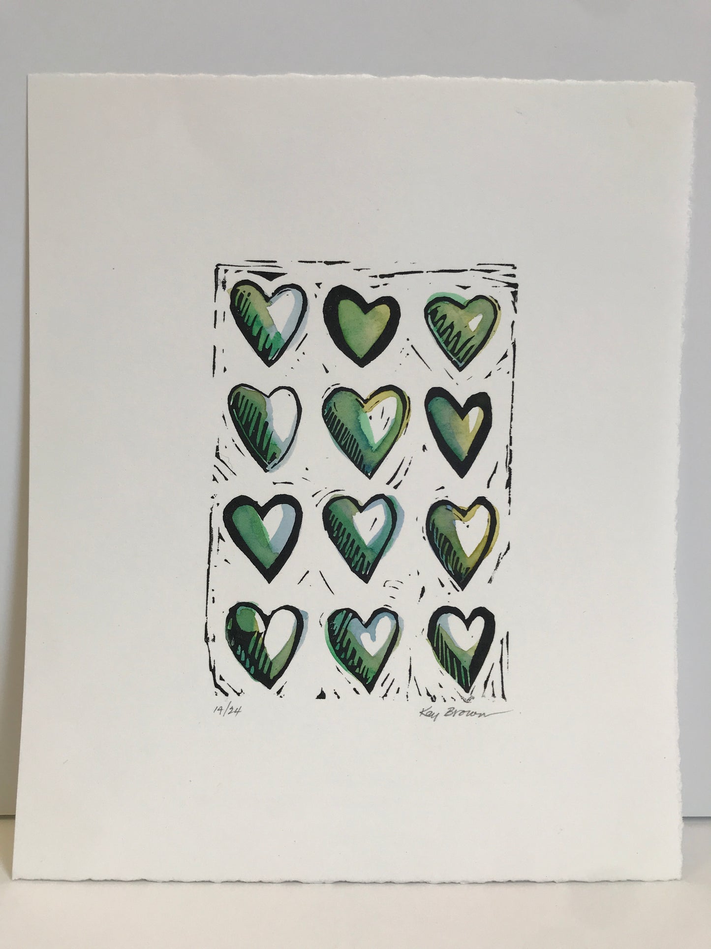 Hearts, Hand-colored Linocut - Kay Brown