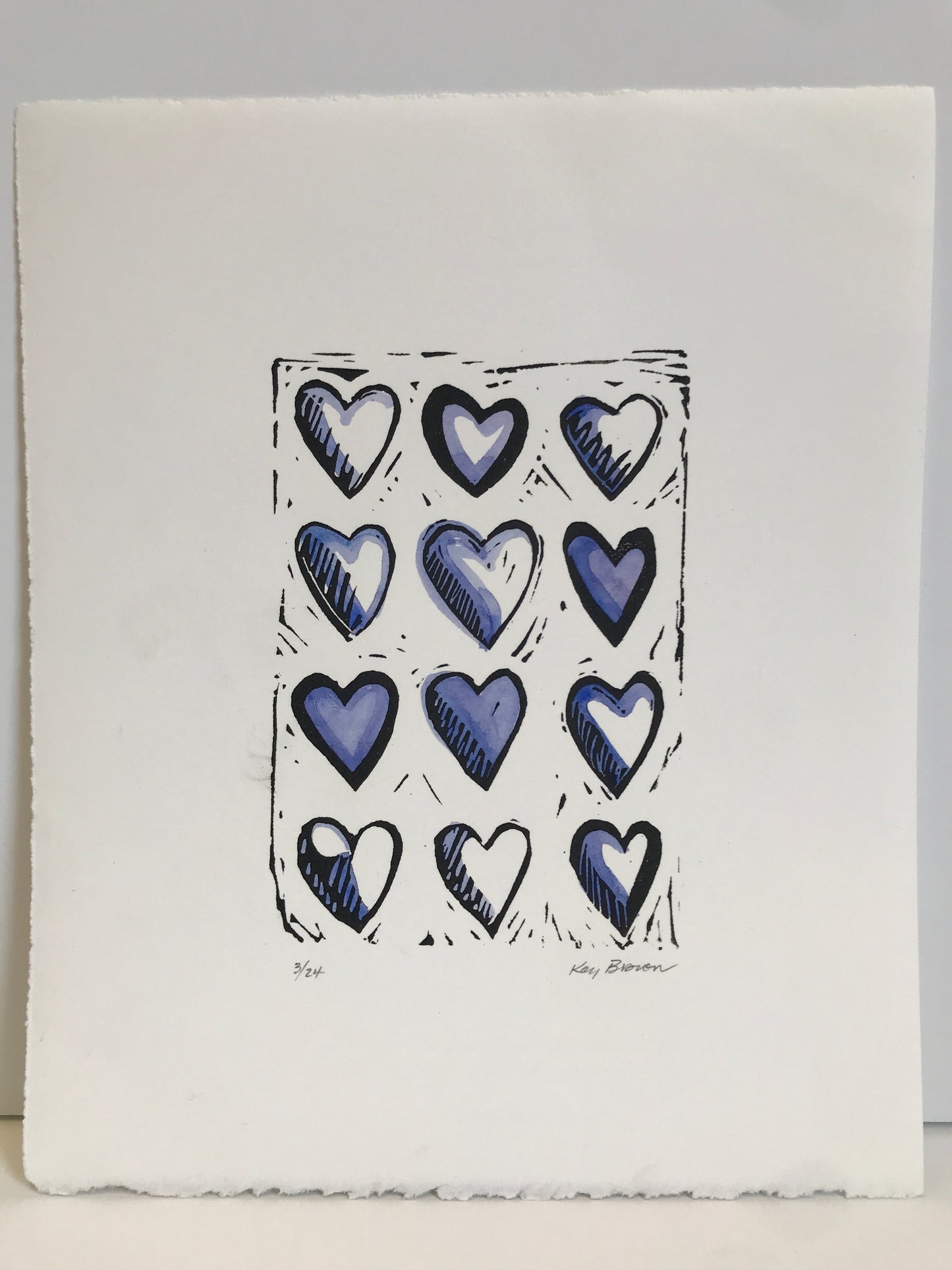Hearts, Hand-colored Linocut - Kay Brown