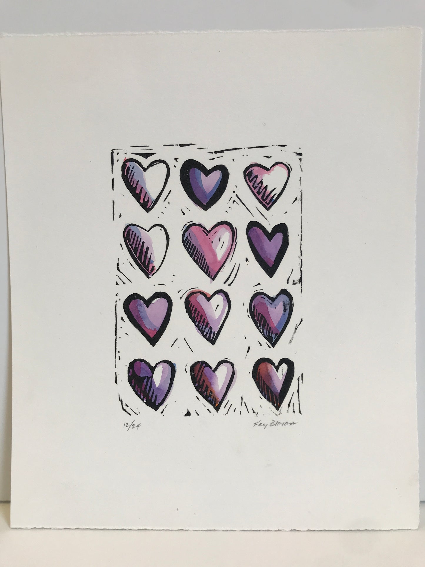 Hearts, Hand-colored Linocut - Kay Brown