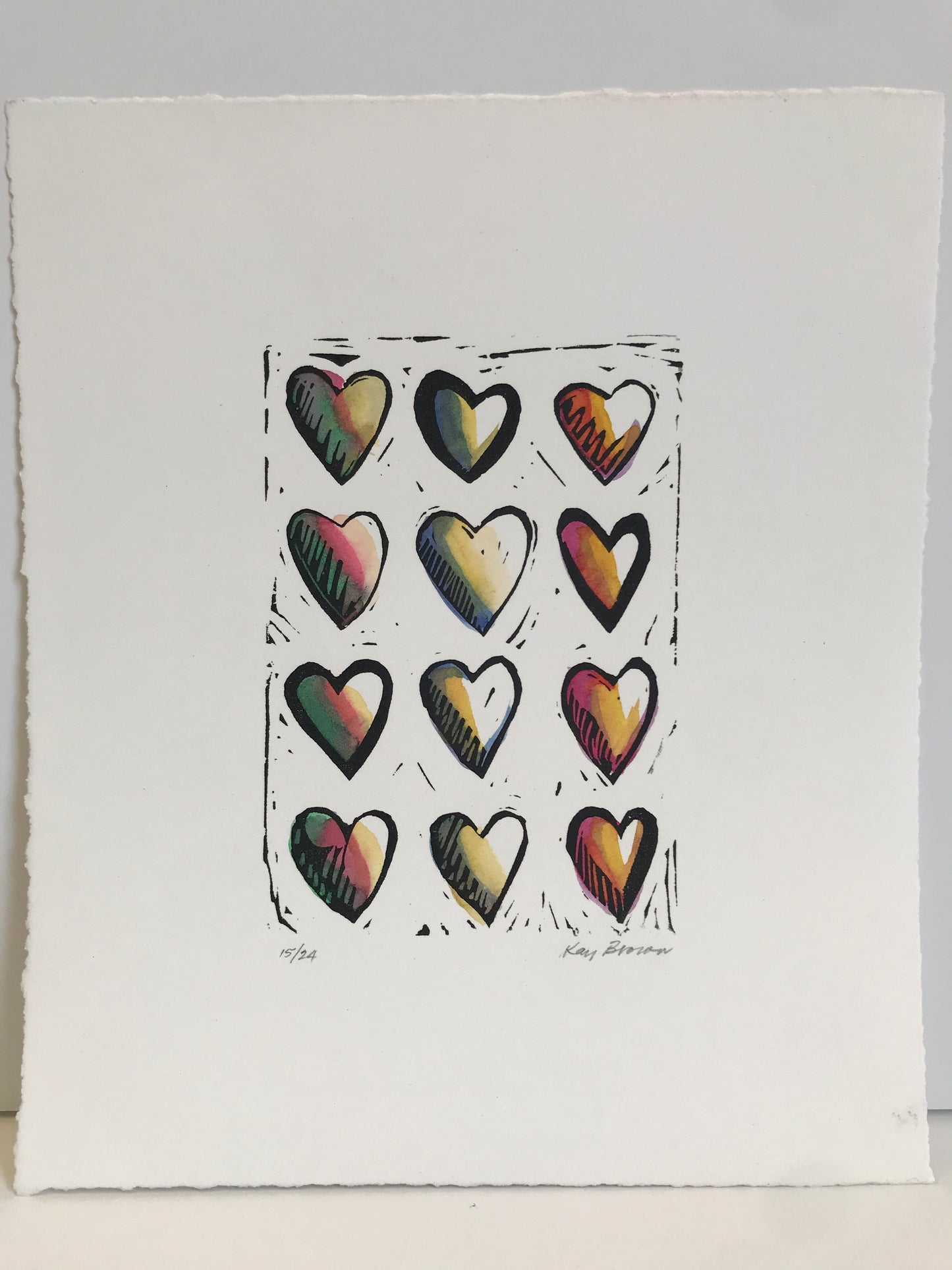 Hearts, Hand-colored Linocut - Kay Brown
