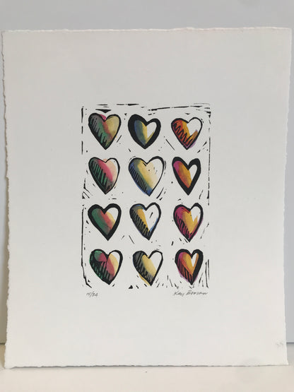 Hearts, Hand-colored Linocut - Kay Brown