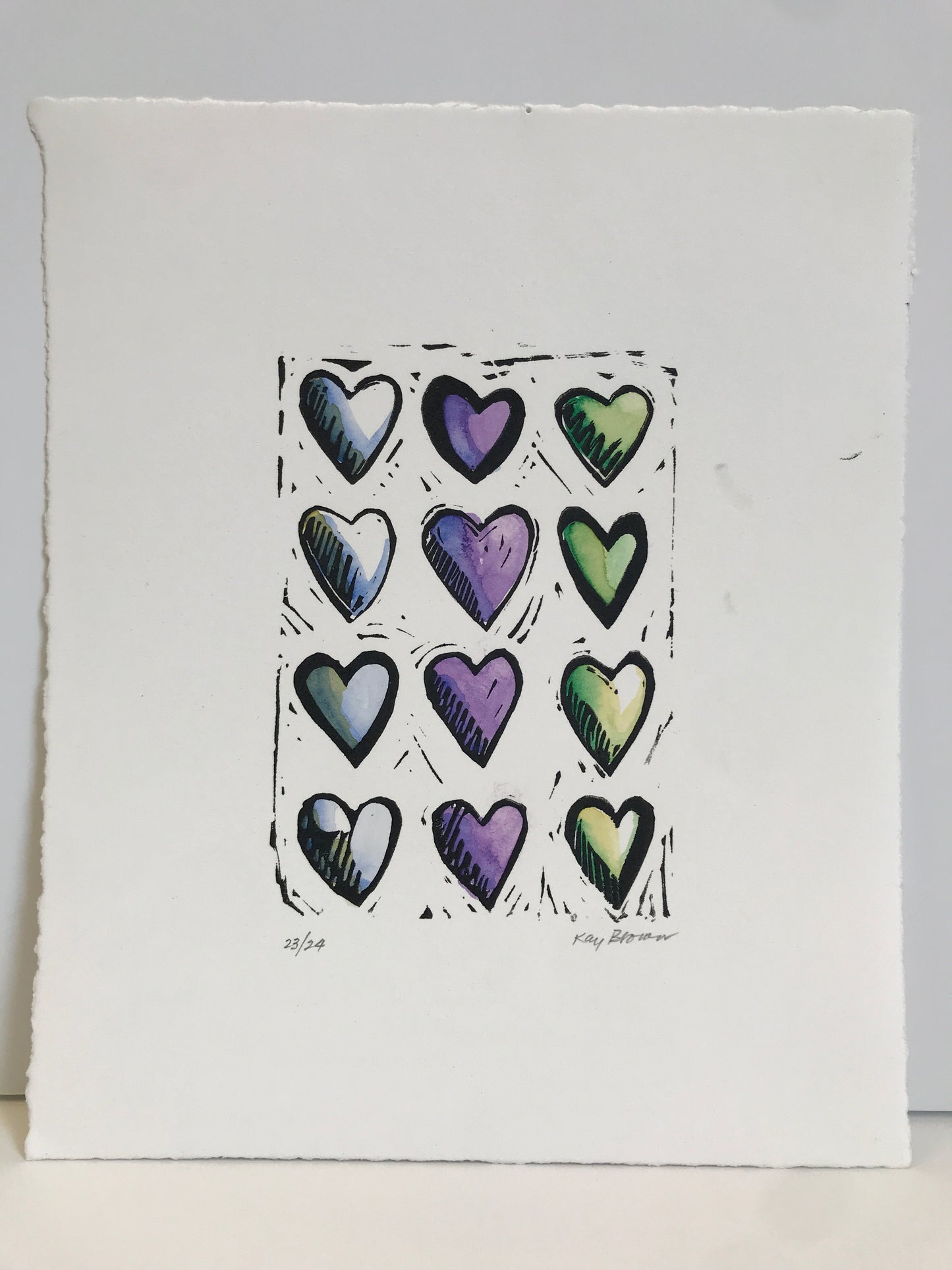 Hearts, Hand-colored Linocut - Kay Brown