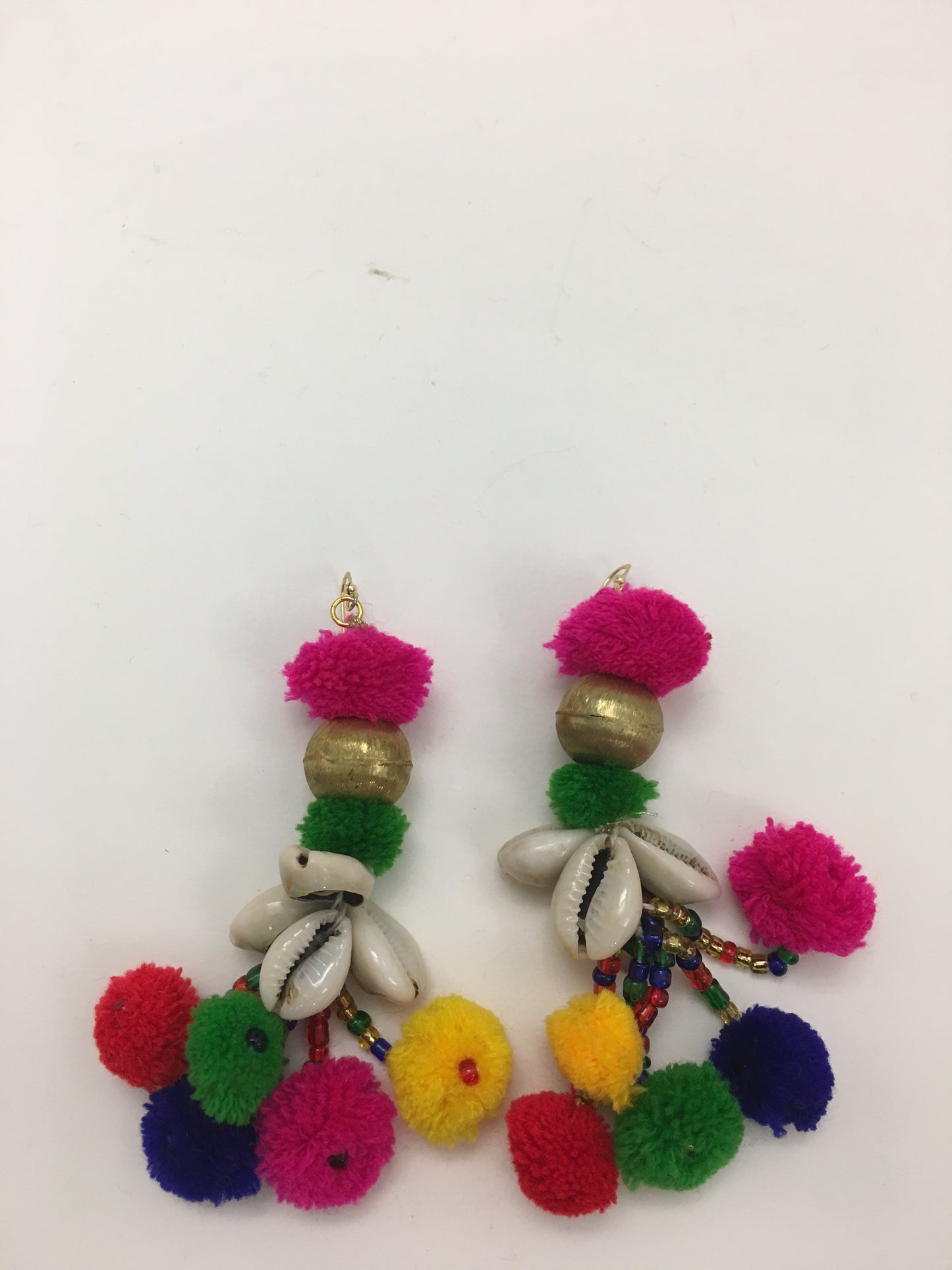 Multicolor Pom Pom and Shells Earrings - Tanya Melendez