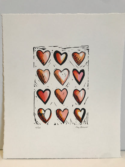 Hearts, Hand-colored Linocut - Kay Brown